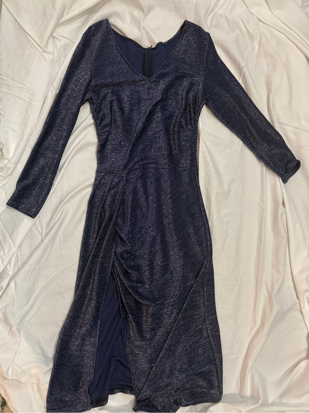 Sparkle Navy Long-Sleeve V-Neck Midi Dress